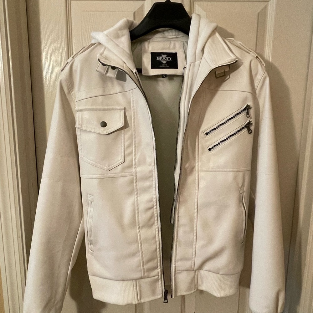 Men's Faux Leather Jacket with Hood - S